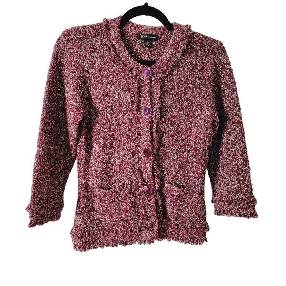 INC Sweater Women's Sz Medium Cardigan Burgundy Fringe Button Front Qtr‎ Sleeve